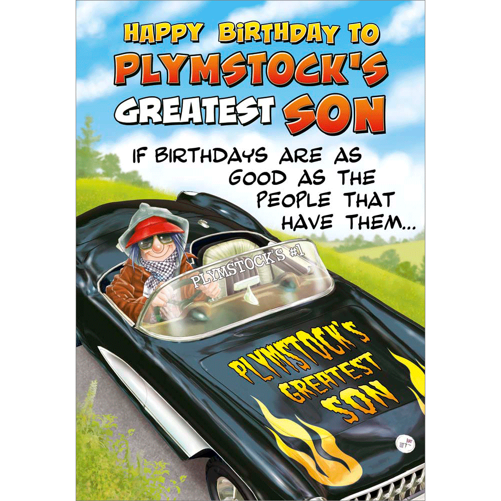 front of card showing a selection of different personalisations of this cartoon birthday card for a son