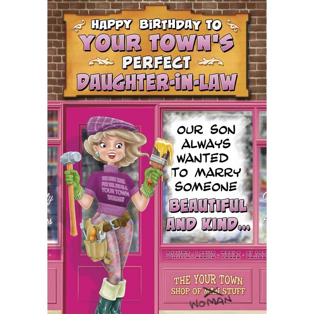 funny birthday card for a daughter in law with a colourful cartoon illustration
