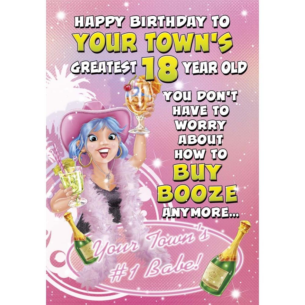 funny age 18 card for a female with a colourful cartoon illustration
