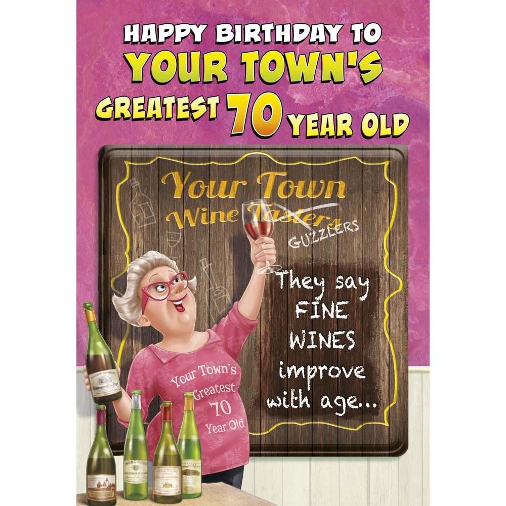 funny age 70 card for a female with a colourful cartoon illustration
