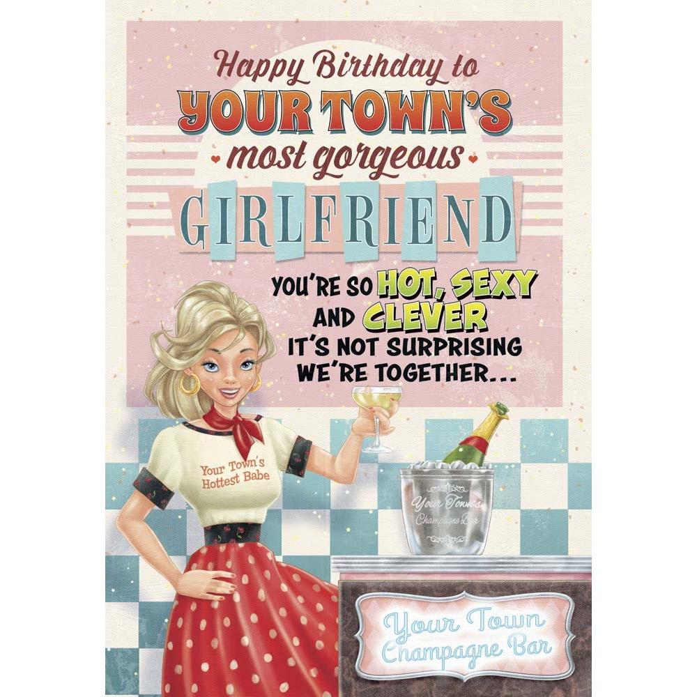 funny birthday card for a girlfriend with a colourful cartoon illustration