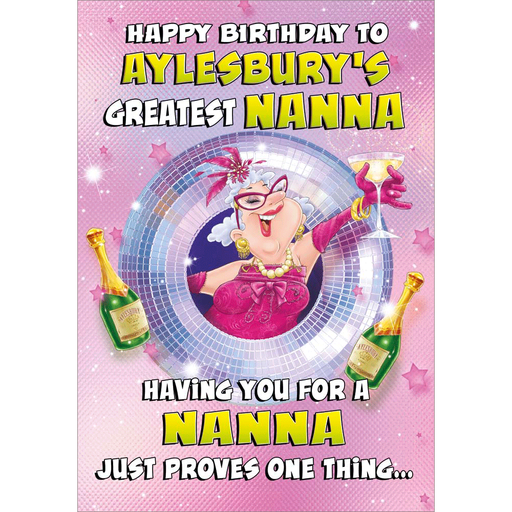 front of card showing a selection of different personalisations of this cartoon birthday card for a nanna