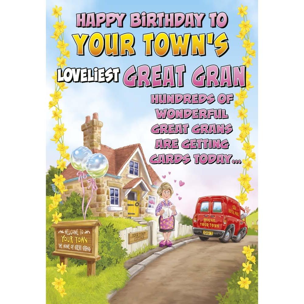 funny birthday card for a great gran with a colourful cartoon illustration