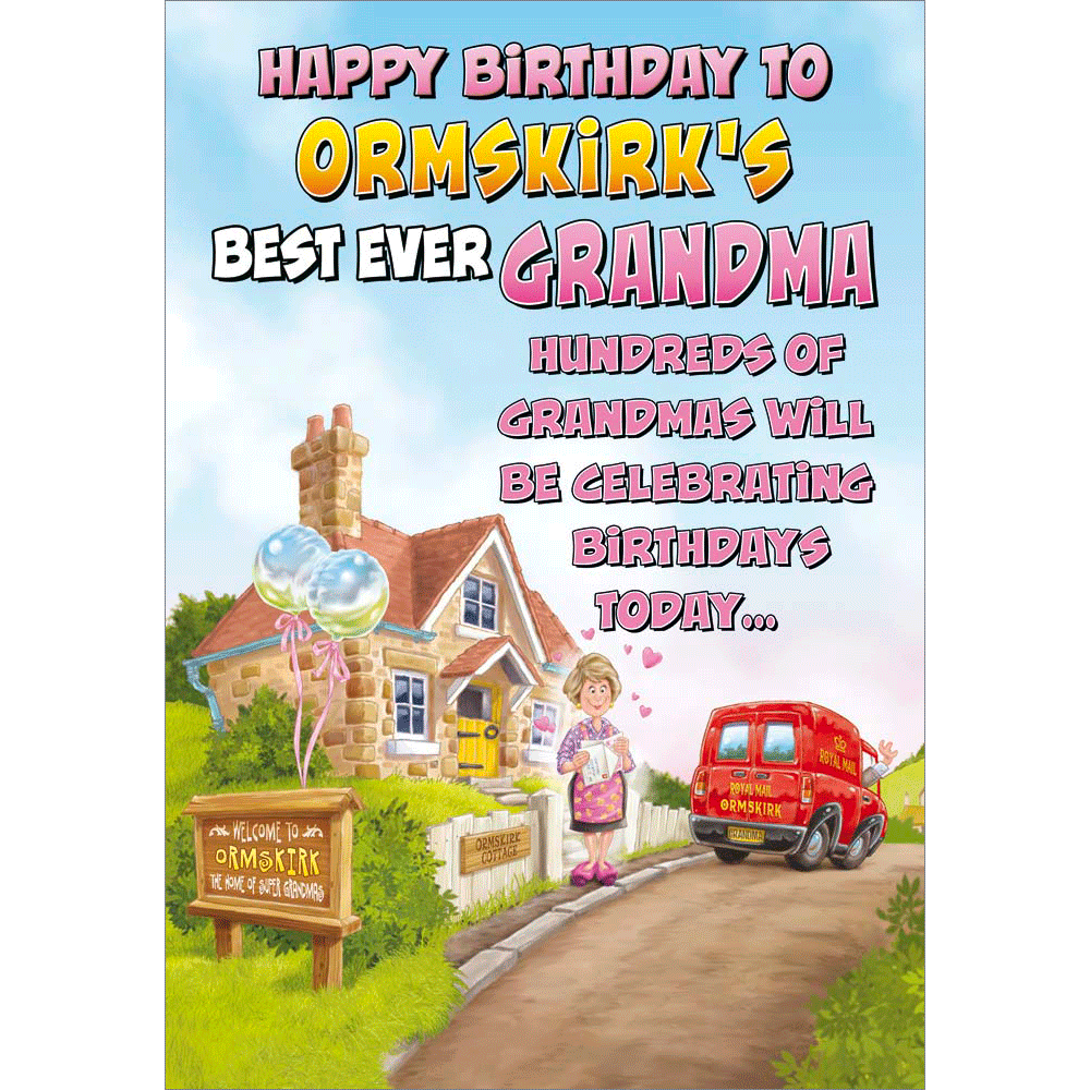 front of card showing a selection of different personalisations of this cartoon birthday card for a grandma