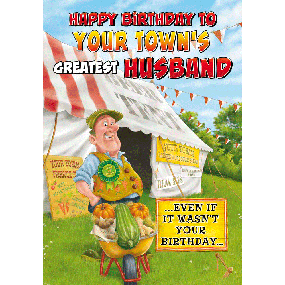 front of card showing a selection of different personalisations of this cartoon birthday card for a husband