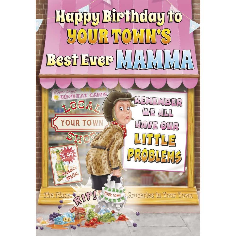 funny birthday card for a mamma with a colourful cartoon illustration