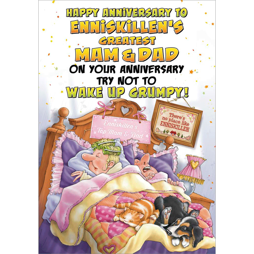 front of card showing a selection of different personalisations of this cartoon anniv wedding card for a mam and dad
