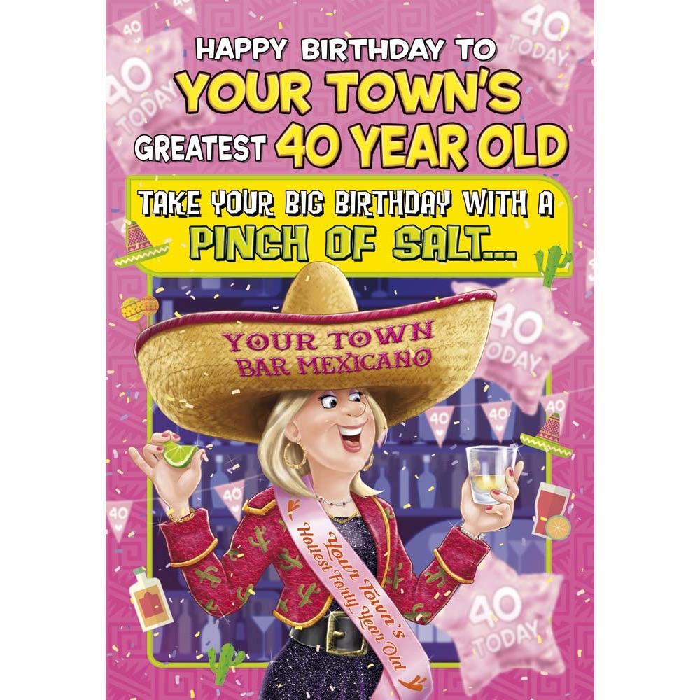 funny age 40 card for a female with a colourful cartoon illustration
