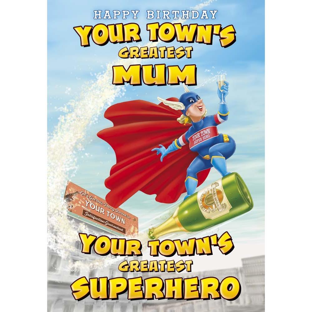 funny birthday card for a mum with a colourful cartoon illustration