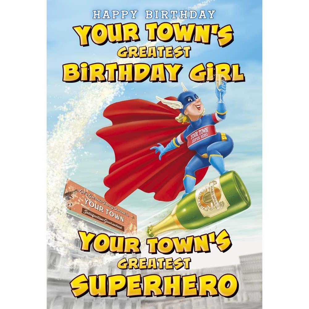 funny birthday card for a female with a colourful cartoon illustration