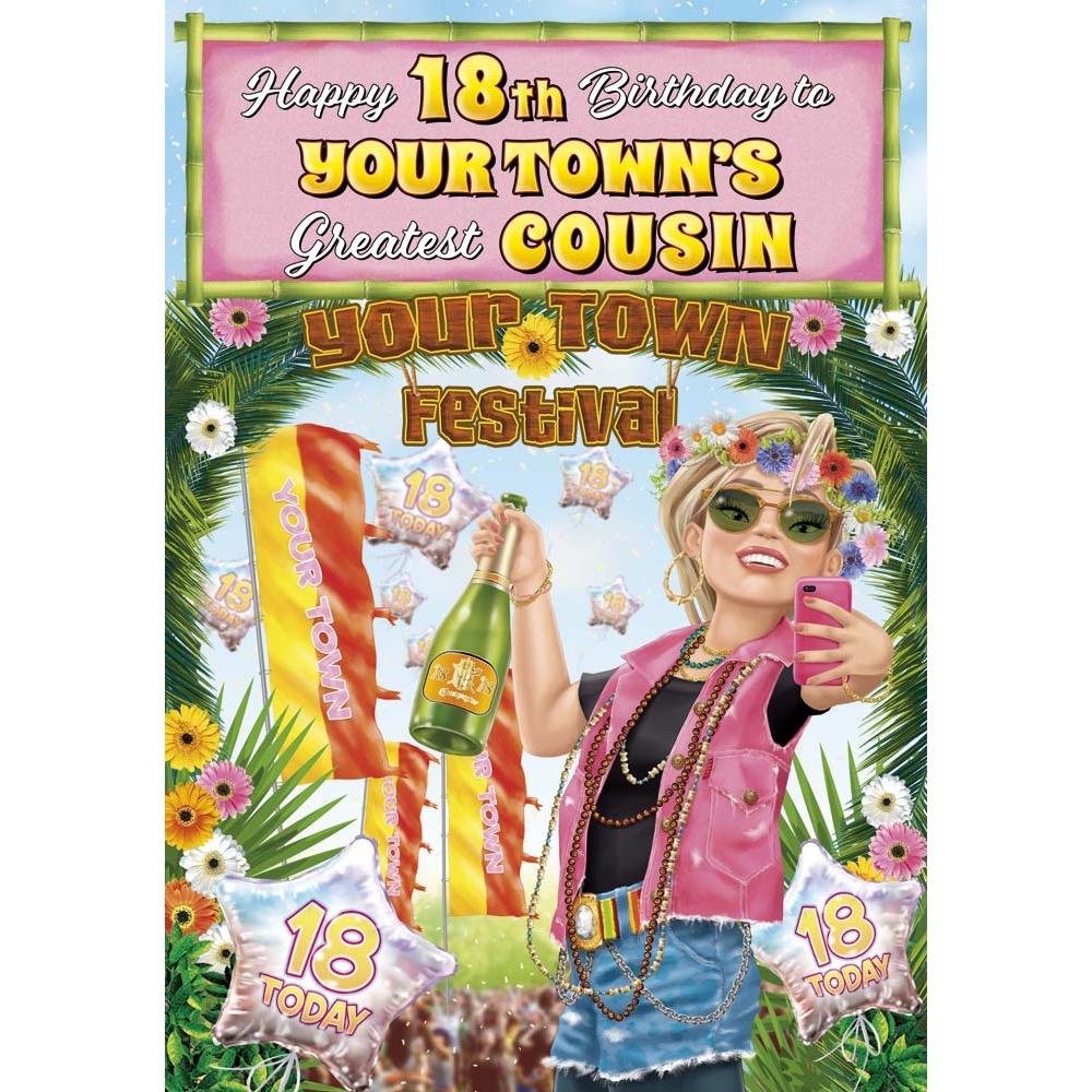 funny age 18 card for a cousin female with a colourful cartoon illustration