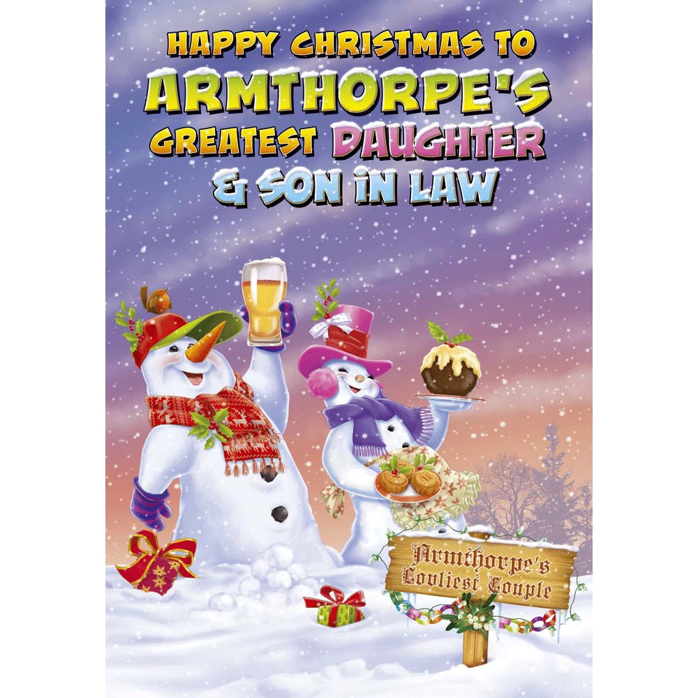 front of card showing a selection of different personalisations of this cartoon christmas card for a daughter and son in law