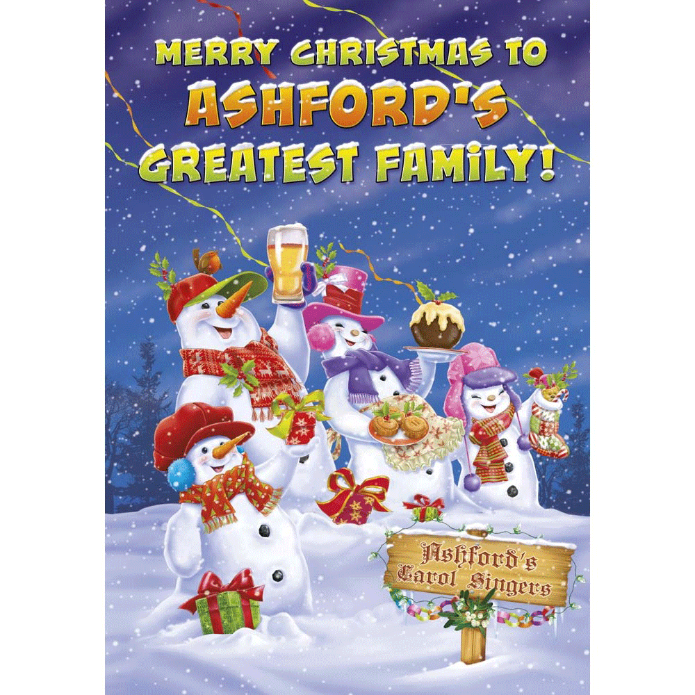 front of card showing a selection of different personalisations of this cartoon christmas card for a family