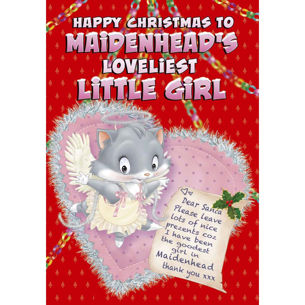 front of card showing a selection of different personalisations of this cartoon christmas card for a girl