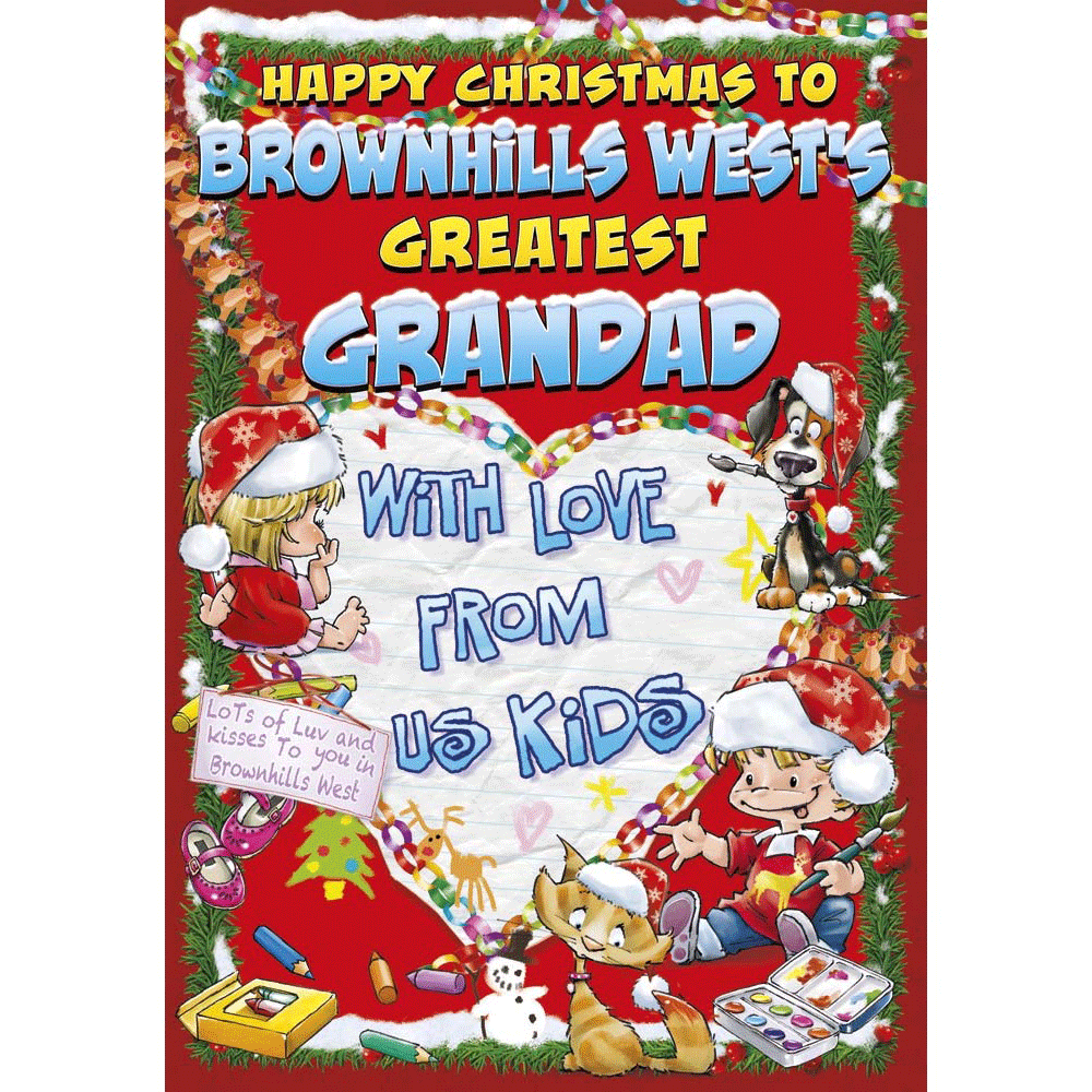 front of card showing a selection of different personalisations of this cartoon christmas card for a grandad