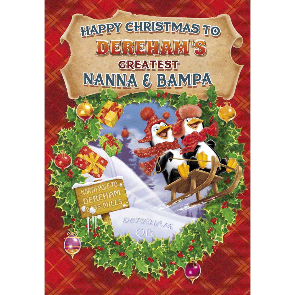 front of card showing a selection of different personalisations of this cartoon christmas card for a nanna and bampa