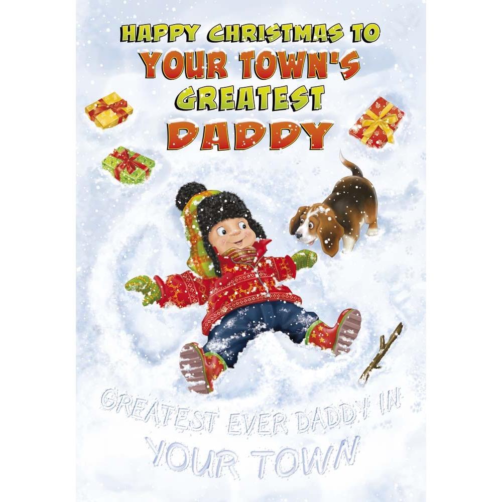 funny christmas card for a daddy with a colourful cartoon illustration