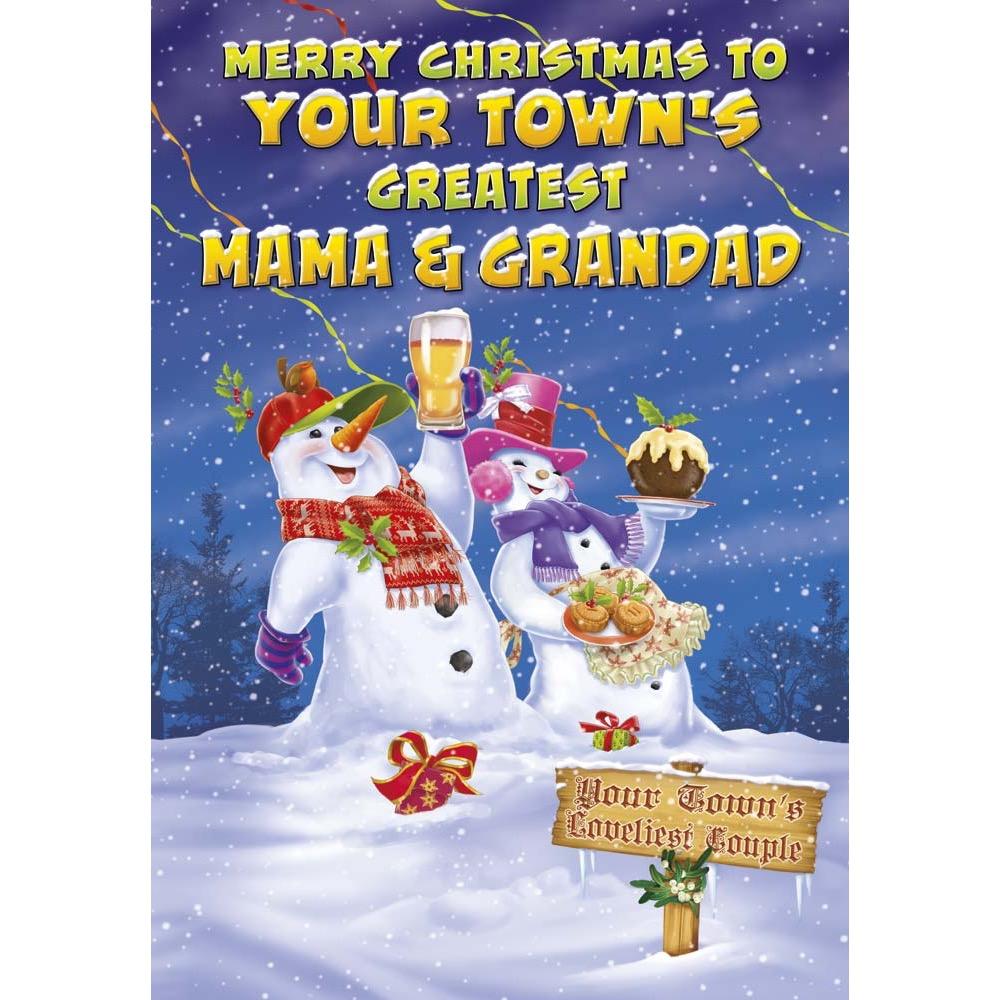funny christmas card for a mama and grandad with a colourful cartoon illustration