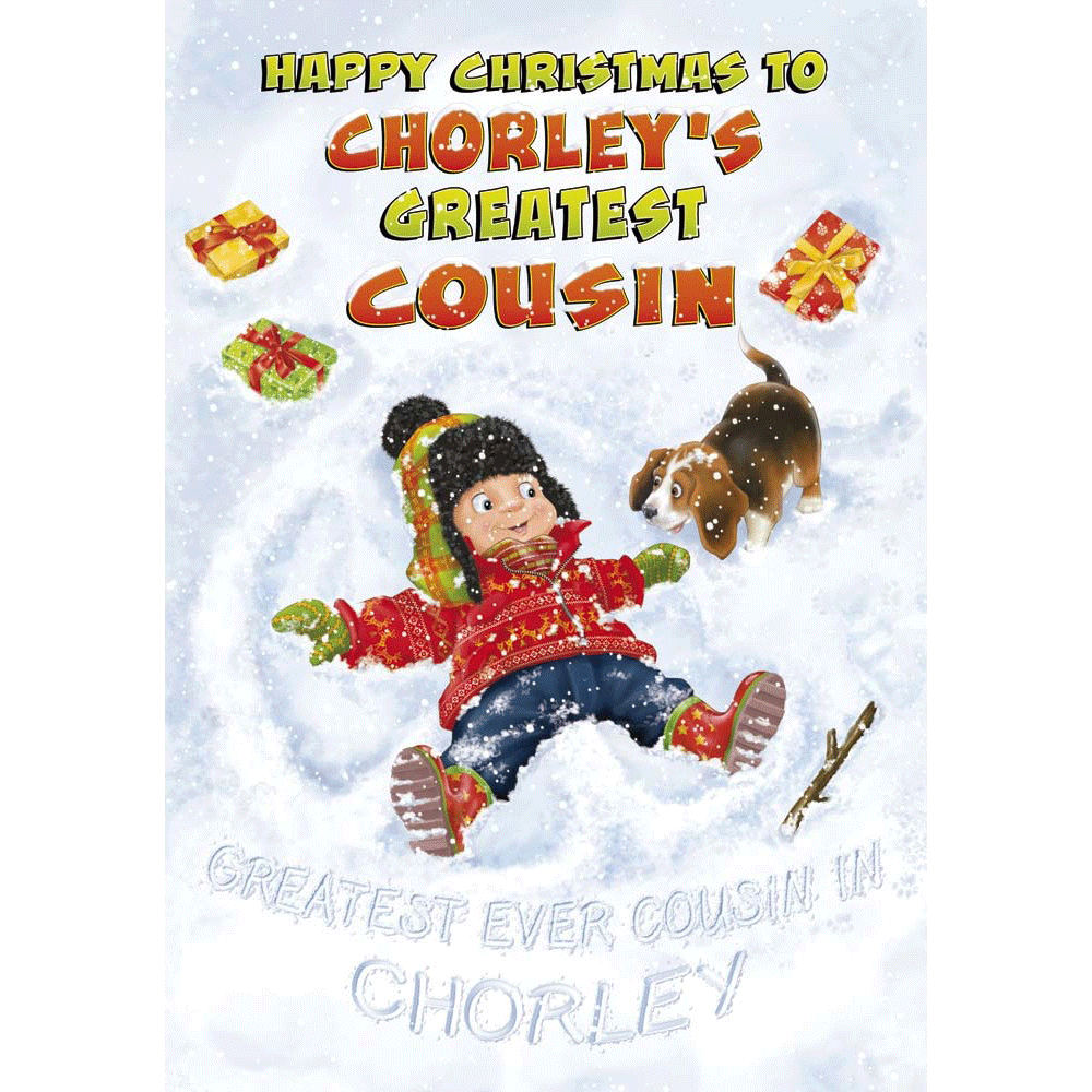 front of card showing a selection of different personalisations of this cartoon christmas card for a cousin male