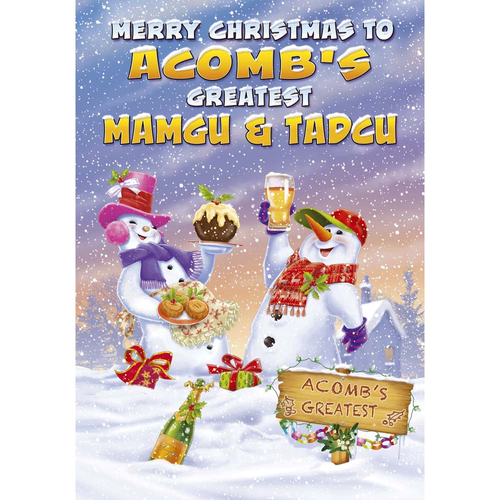 front of card showing a selection of different personalisations of this cartoon christmas card for a mamgu and tadcu