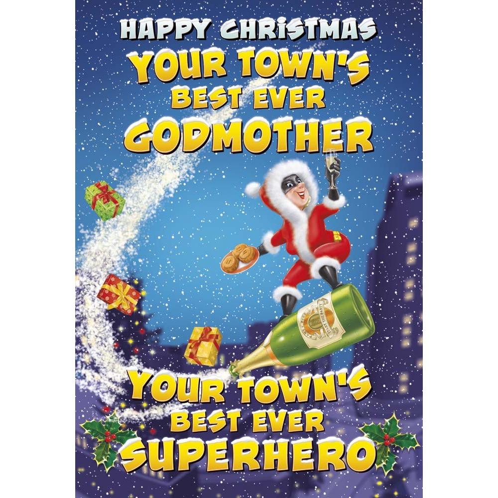 funny christmas card for a godmother with a colourful cartoon illustration