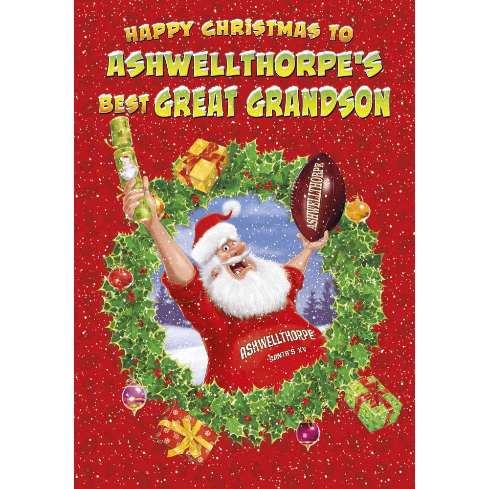 front of card showing a selection of different personalisations of this cartoon christmas card for a great grandson