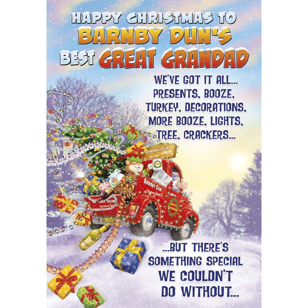 front of card showing a selection of different personalisations of this cartoon christmas card for a great grandad