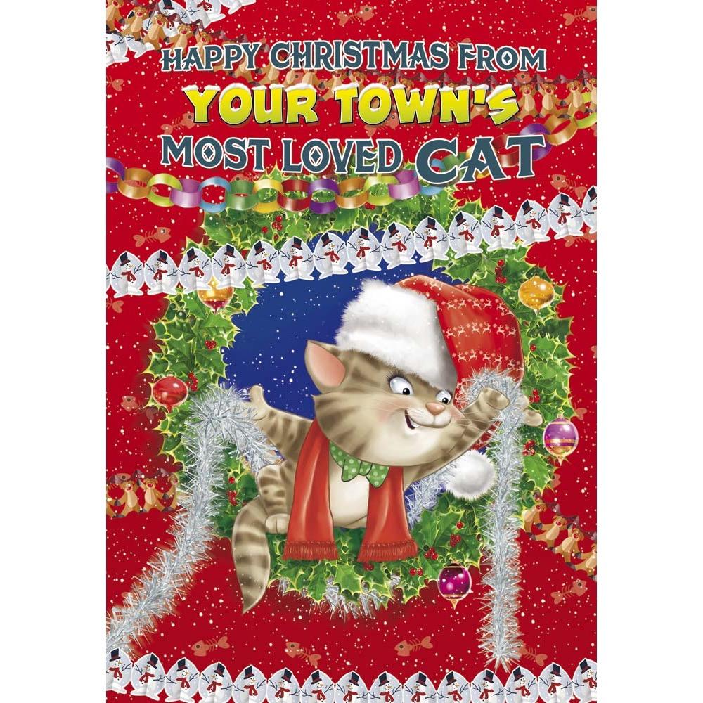 funny christmas card for a cat with a colourful cartoon illustration