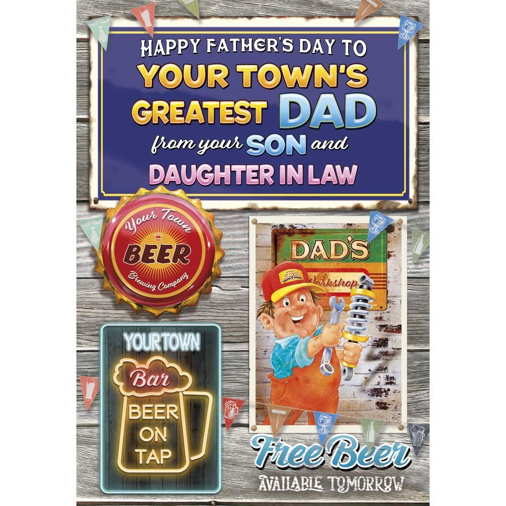 funny father's day card for a son and dil with a colourful cartoon illustration