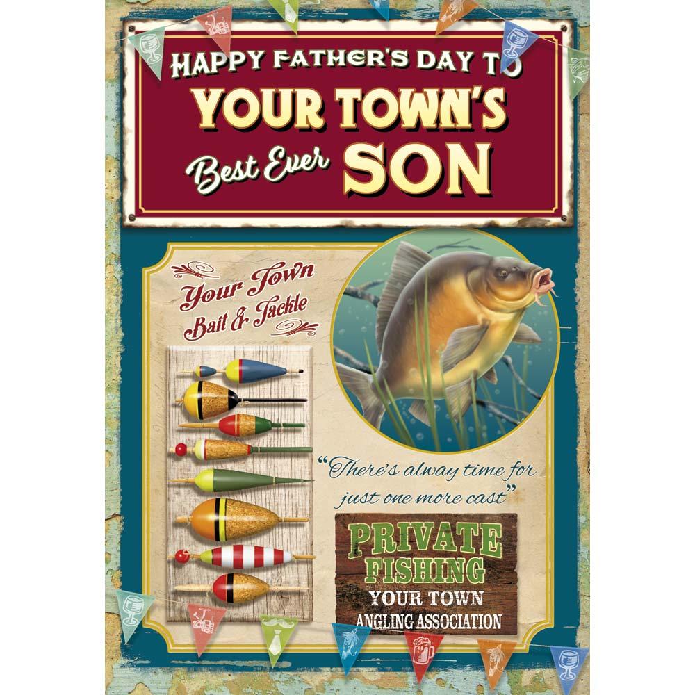 funny father's day card for a son with a colourful cartoon illustration