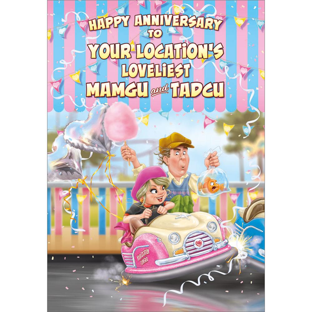 anniversary greeting card featuring humour illustration for a mamgu and tadcu from the up your street range