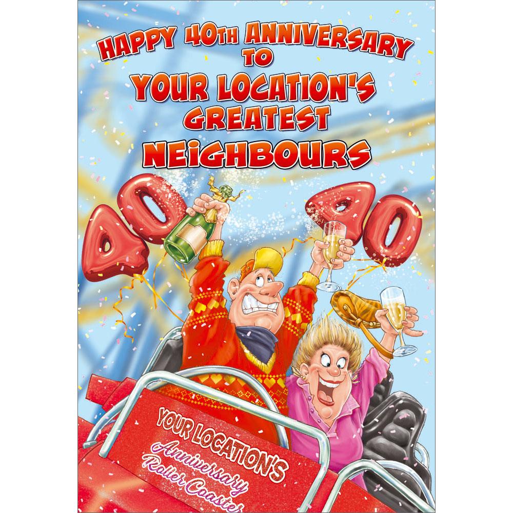 40th (ruby) anniversary greeting card featuring humour illustration for a neighbours from the up your street range