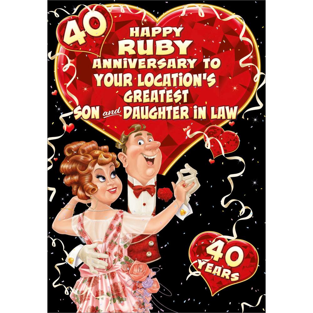 40th (ruby) anniversary greeting card featuring humour illustration for a son and daughter in law from the up your street range
