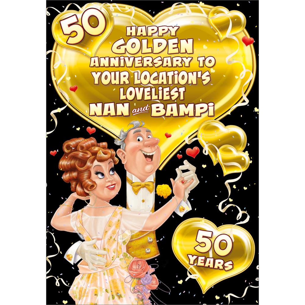 50th (golden) anniversary greeting card featuring humour illustration for a nan and bampi from the up your street range