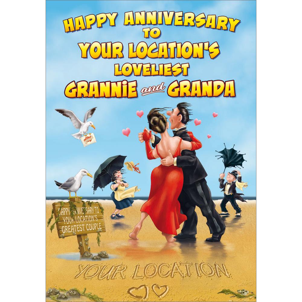 anniversary greeting card featuring humour illustration for a grannie and granda from the up your street range