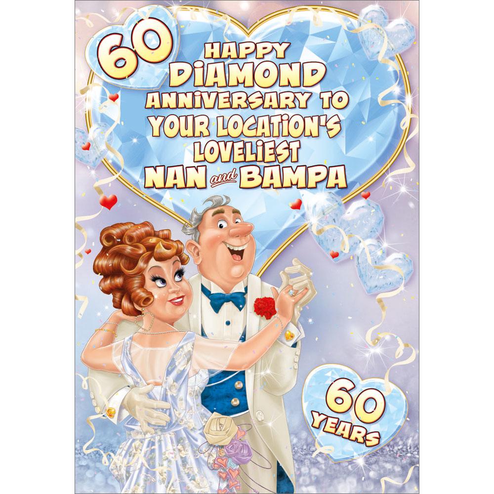 60th (diamond) anniversary greeting card featuring humour illustration for a nan and bampa from the up your street range