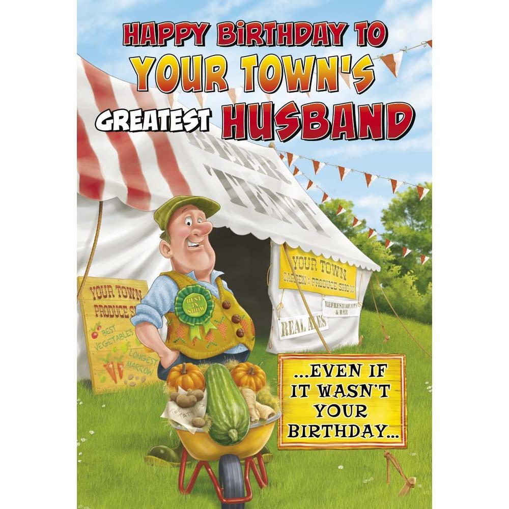 funny birthday card for a husband with a colourful cartoon illustration