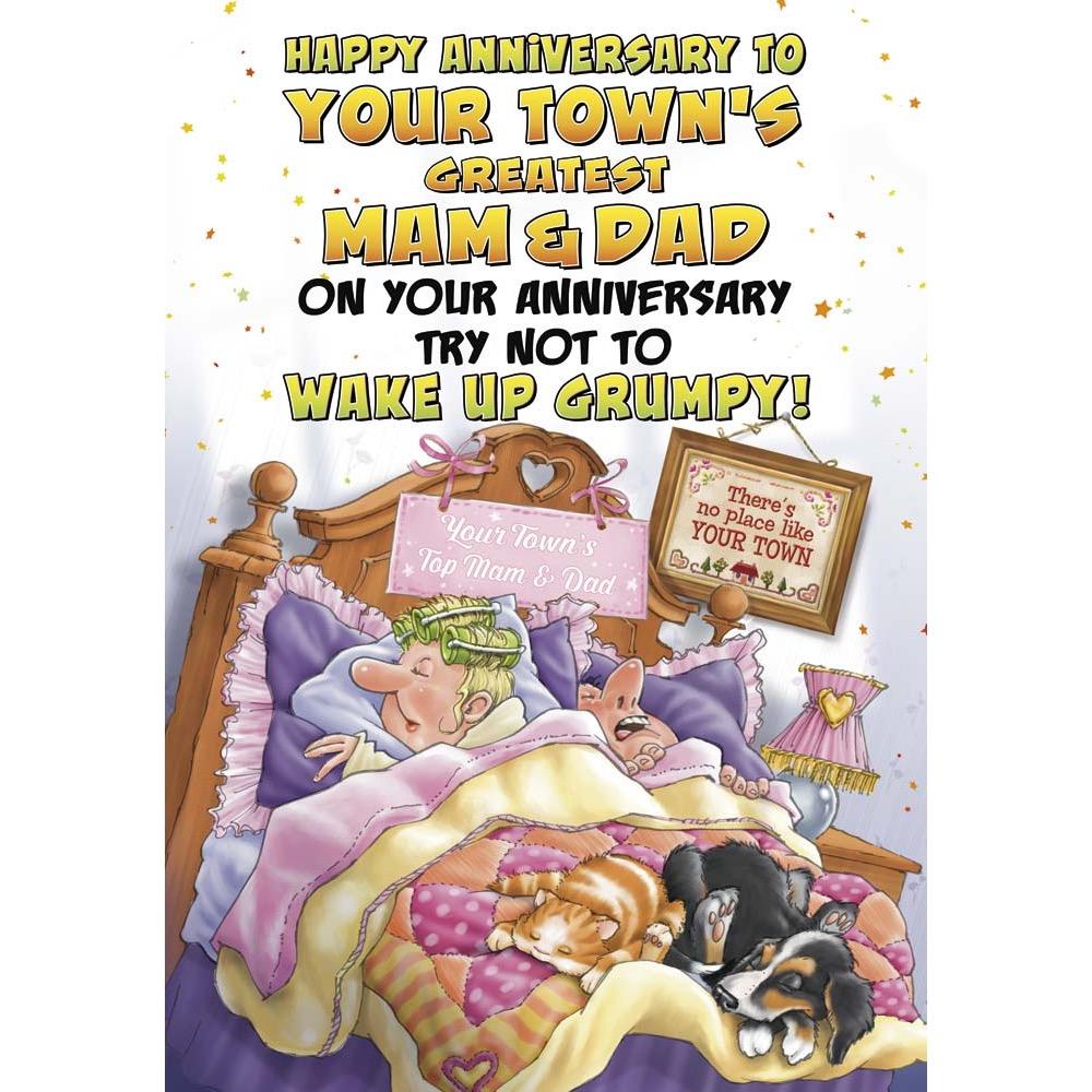 funny anniv wedding card for a mam and dad with a colourful cartoon illustration