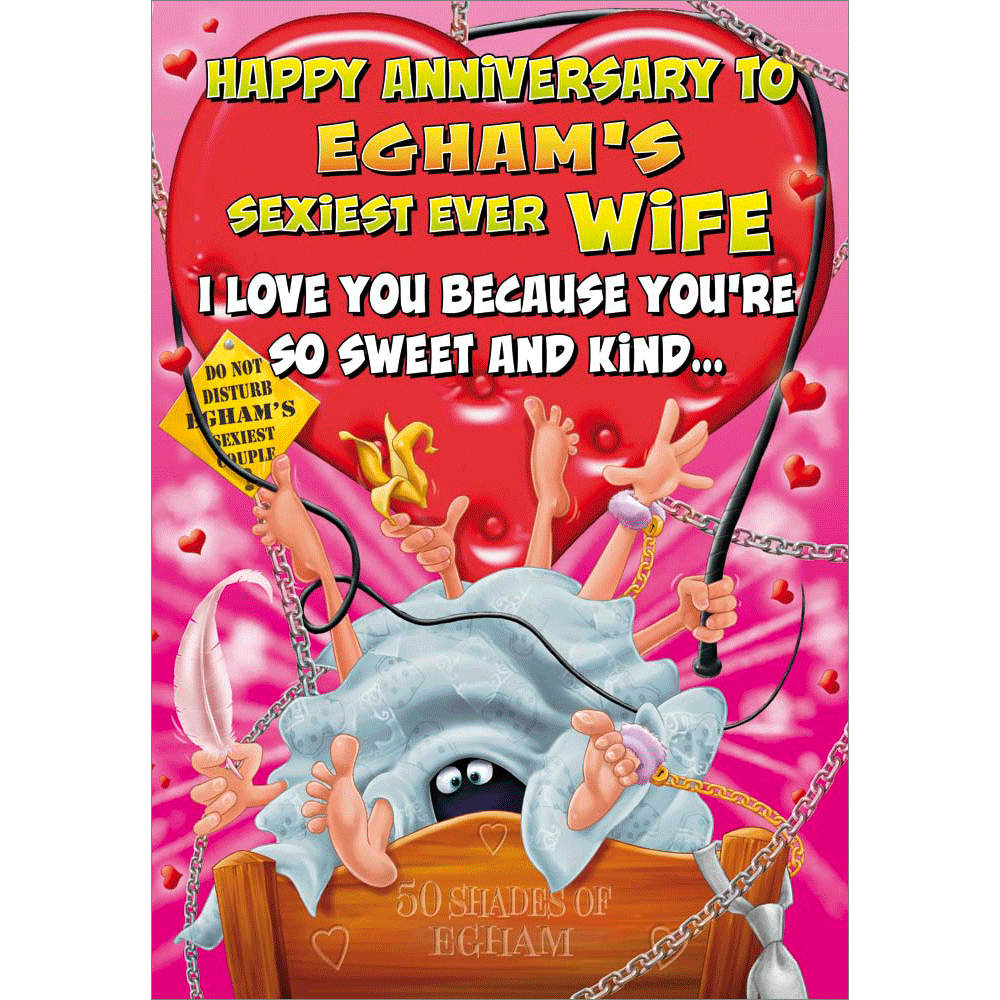 front of card showing a selection of different personalisations of this cartoon anniv wedding card for a wife