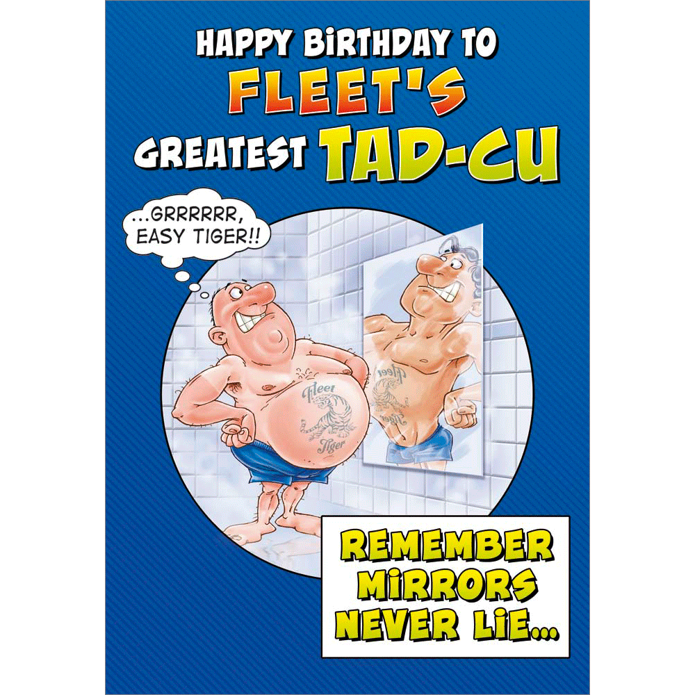 front of card showing a selection of different personalisations of this cartoon birthday card for a tadcu
