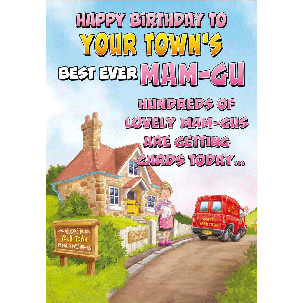 front of card showing a selection of different personalisations of this cartoon birthday card for a mamgu
