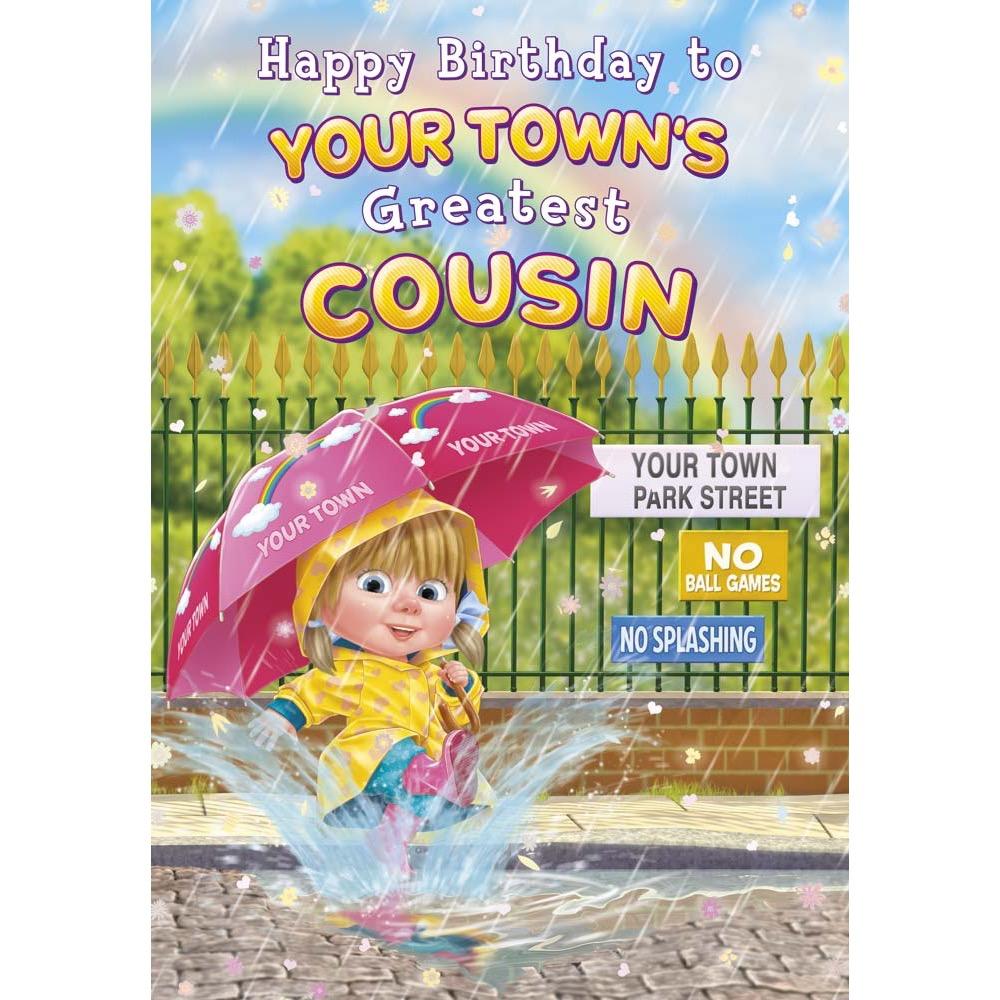 kids birthday card for a cousin female with a colourful great illustration