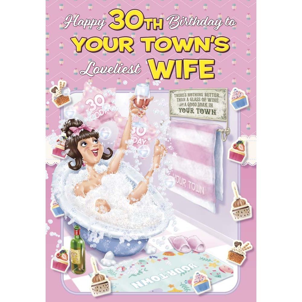 funny age 30 card for a wife with a colourful cartoon illustration
