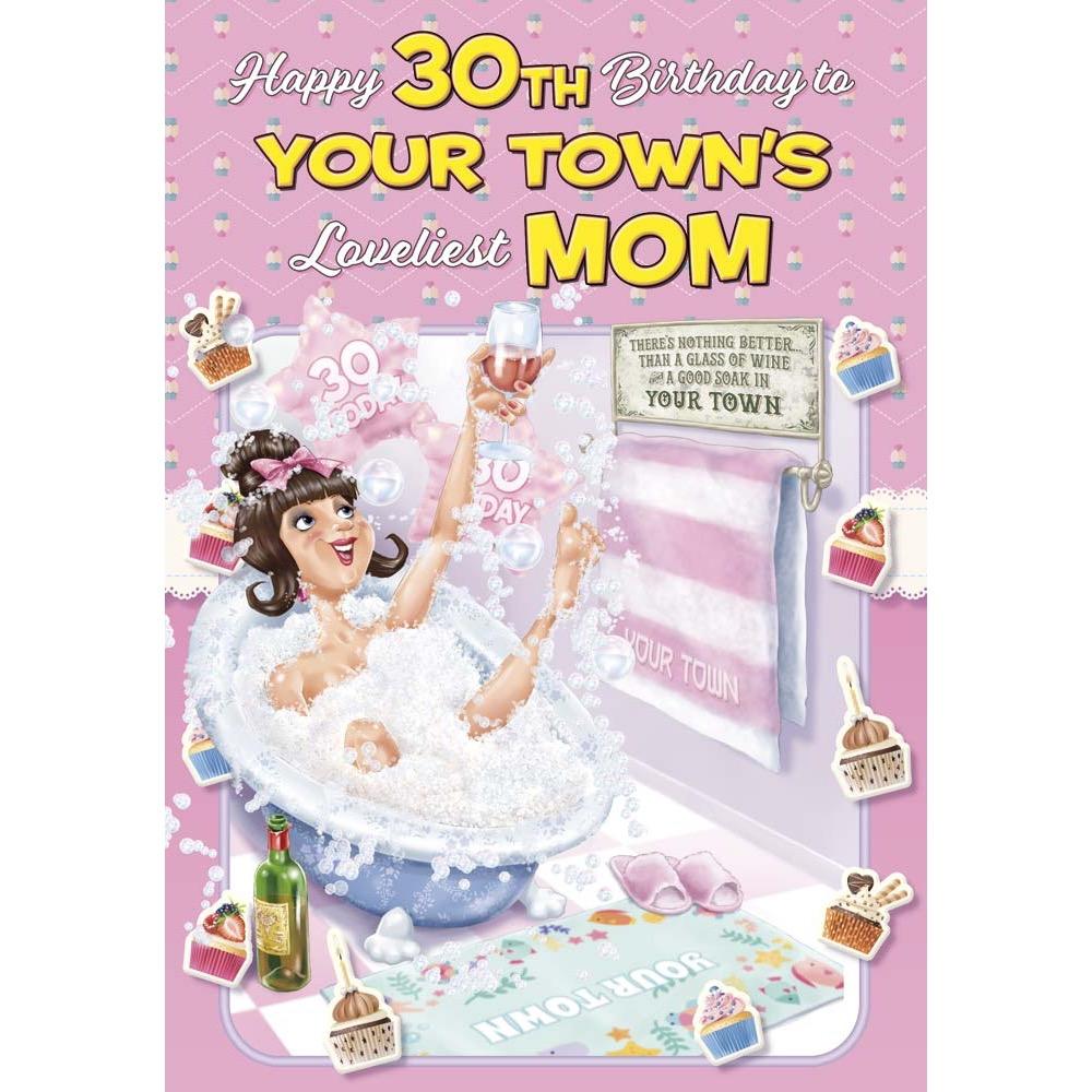 funny age 30 card for a mom with a colourful cartoon illustration