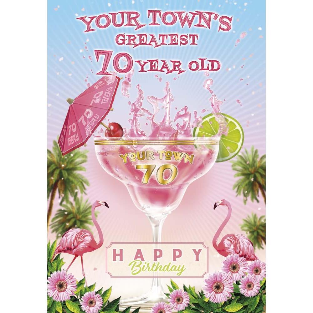 classic age 70 card for a female with a colourful realistic illustration