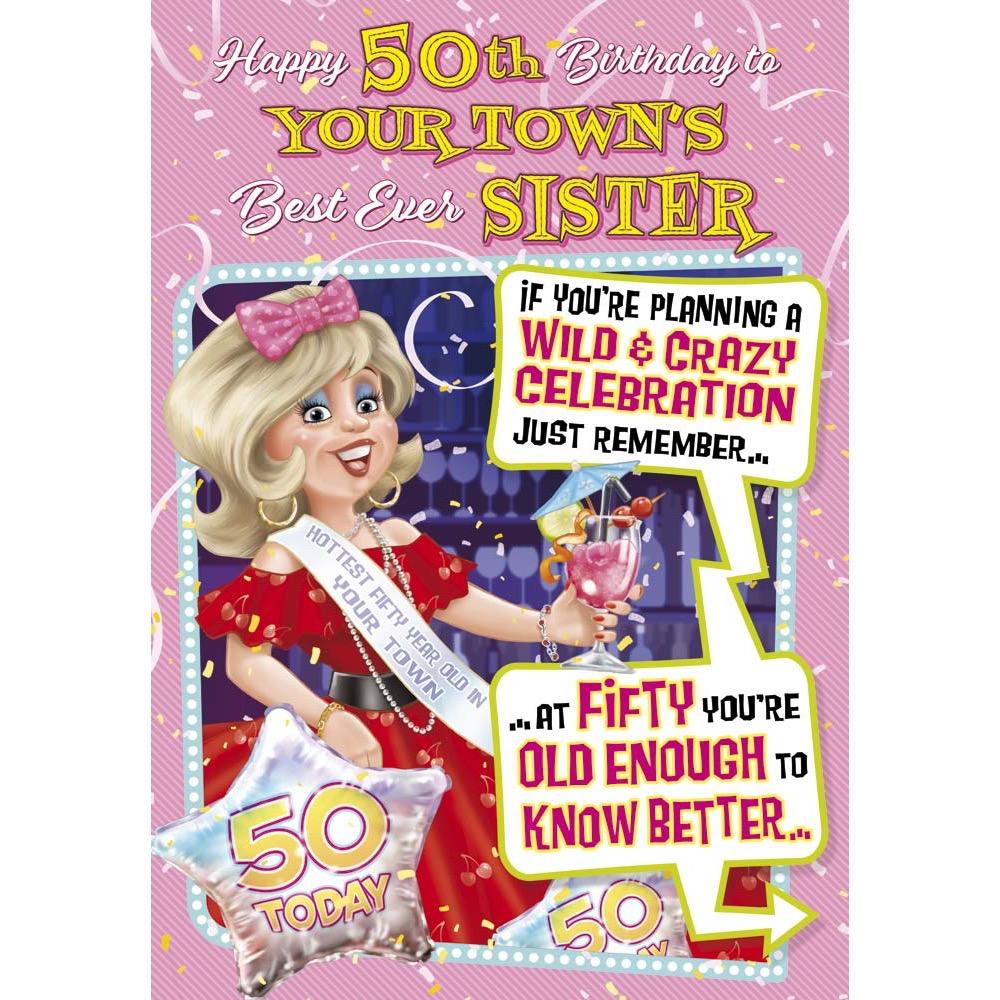 funny age 50 card for a sister with a colourful cartoon illustration