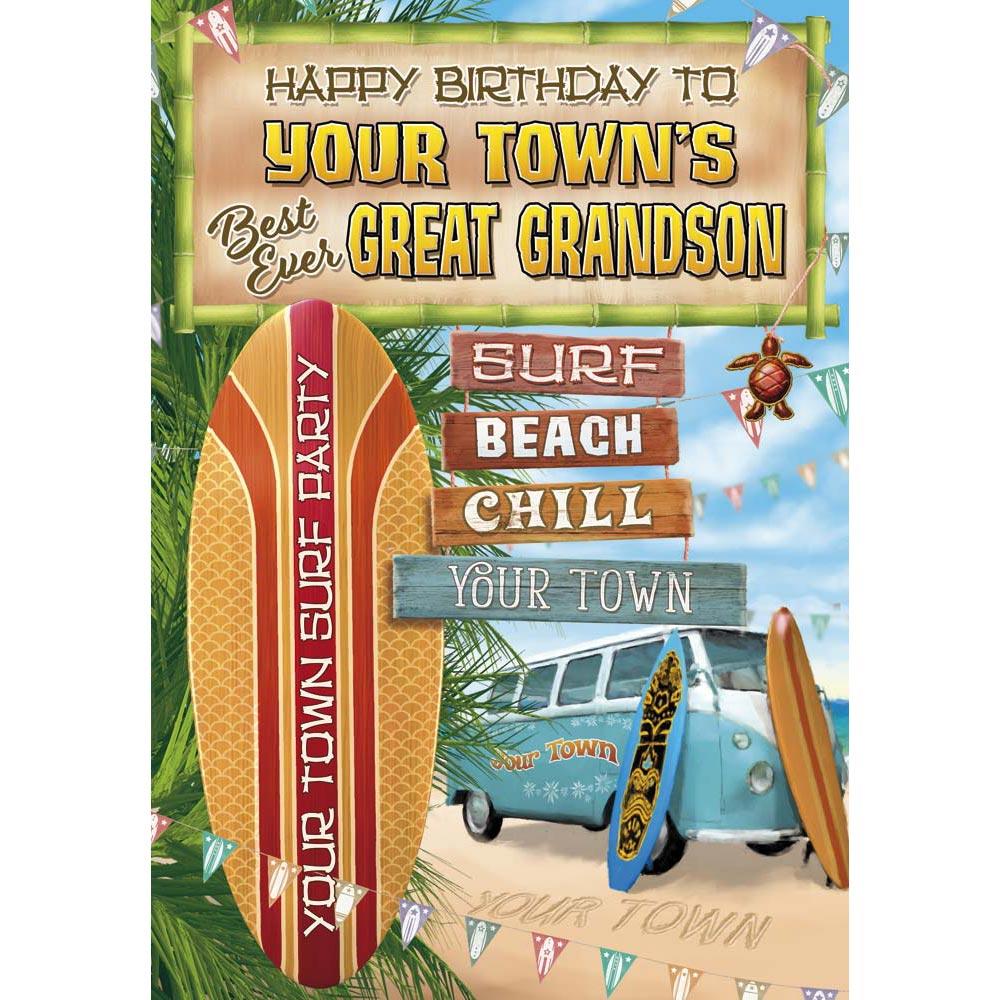 whimsical birthday card for a great grandson with a colourful whimsical illustration