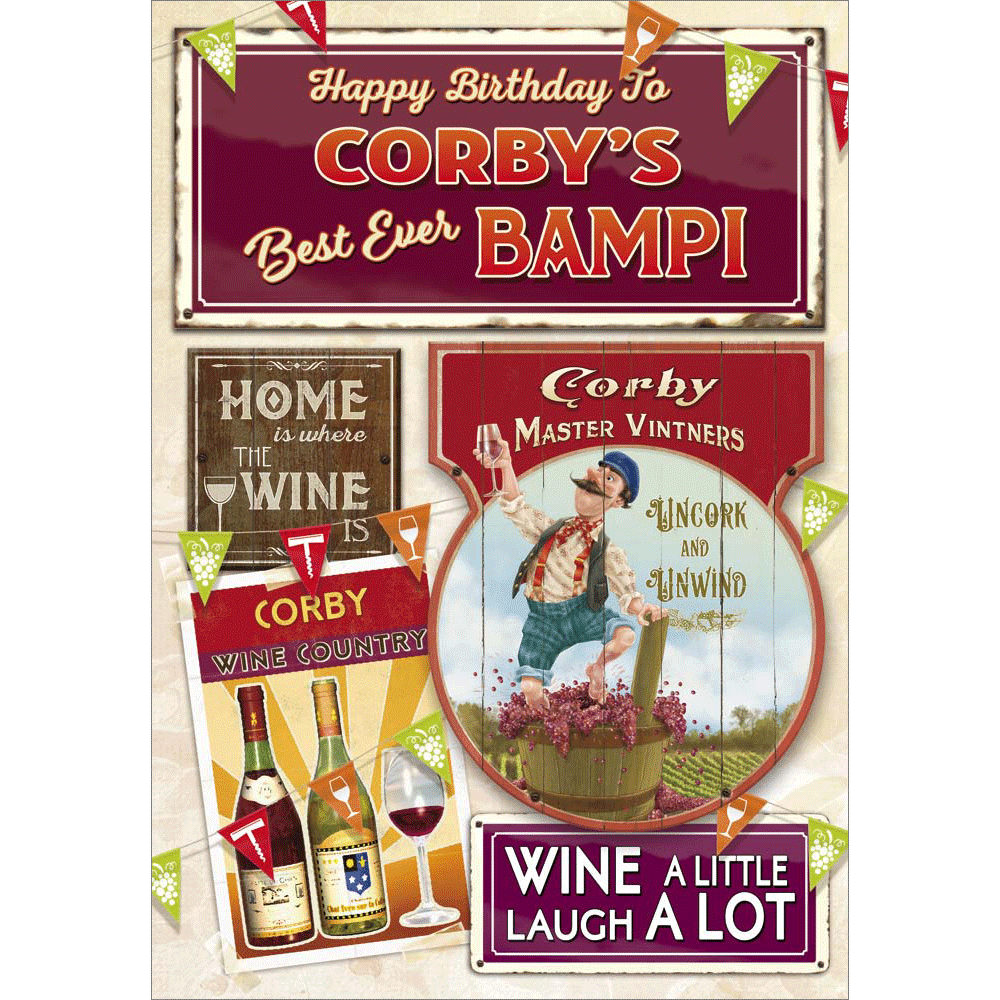 front of card showing a selection of different personalisations of this great birthday card for a bampi