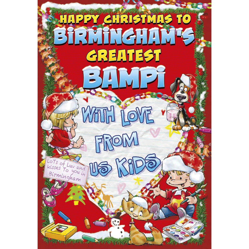 front of card showing a selection of different personalisations of this cartoon christmas card for a bampi