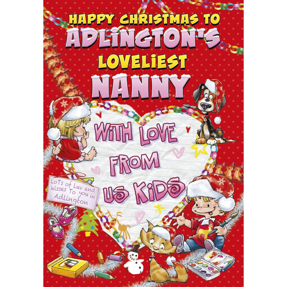 front of card showing a selection of different personalisations of this cartoon christmas card for a nanny